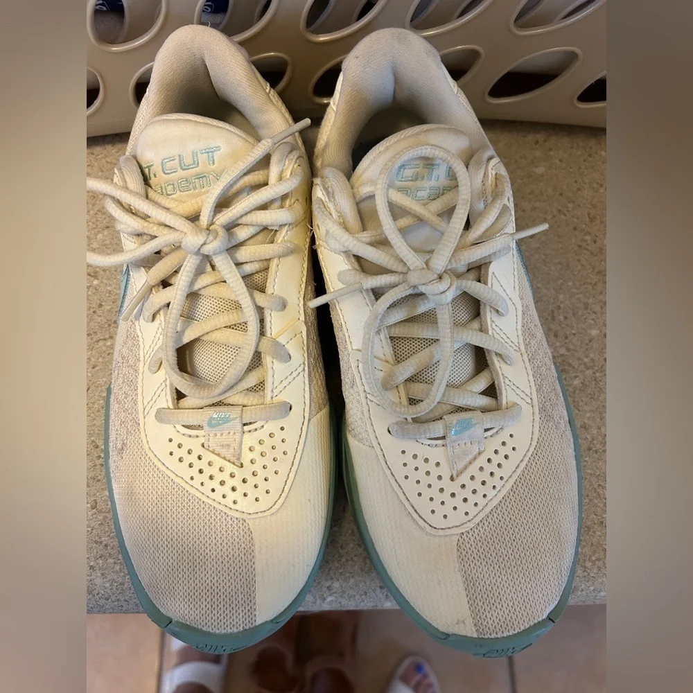 Nike Women's Cream and Light Blue Basketball Athletic Shoes